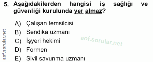 5. soru: Aşağıdakilerden hangisi iş sağlığı ve güvenliği kurulunda yer almaz? A) Çalışan temsilcisi B) Sendika uzmanı C) İşyer…