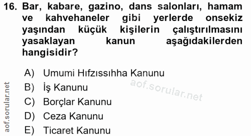 16. soru: Bar, kabare, gazino, dans salonları, hamam ve kahvehaneler gibi yerlerde onsekiz yaşından küçük kişilerin çalıştırılm…