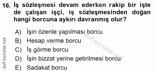 16. soru: İş sözleşmesi devam ederken rakip bir işte de çalışan işçi, iş sözleşmesinden doğan hangi borcuna aykırı davranmış ol…