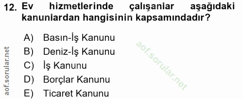12. soru: Ev hizmetlerinde çalışanlar aşağıdaki kanunlardan hangisinin kapsamındadır? A) Basın-İş Kanunu B) Deniz-Iş Kanunu C)…