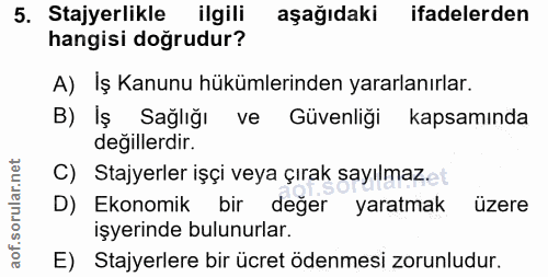 5. soru: Stajyerlikle ilgili aşağıdaki ifadelerden hangisi doğrudur? A) Iş Kanunu hükümlerinden yararlanırlar. B) Iş Sağlığı v…