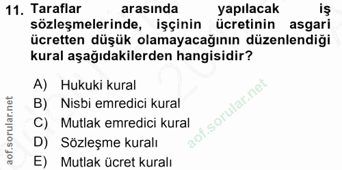 11. soru: Taraflar arasında yapılacak iş sözleşmelerinde, işçinin ücretinin asgari ücretten düşük olamayacağının düzenlendiği k…