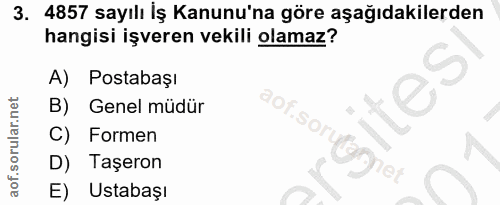 3. soru: 4857 sayılı İş Kanunu'na göre aşağıdakilerden hangisi işveren vekili olamaz? A) Postabaşı B) Genel müdür aof.sorut) C…