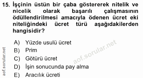 15. soru: İşçinin üstün bir çaba göstererek nitelik ve nicelik olarak başarılı çalışmasının ödüllendirilmesi amacıyla ödenen üc…