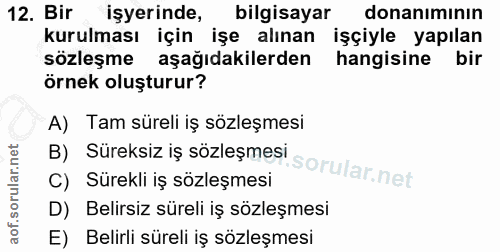 12. soru: Bir işyerinde, bilgisayar donanımının kurulması için işe alınan işçiyle yapılan sözleşme aşağıdakilerden hangisine bi…