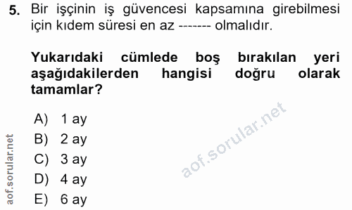 5. soru: Bir işçinin iş güvencesi kapsamına girebilmesi için kıdem süresi en az -.-- olmalıdır. Yukarıdaki cümlede boş bırakıl…