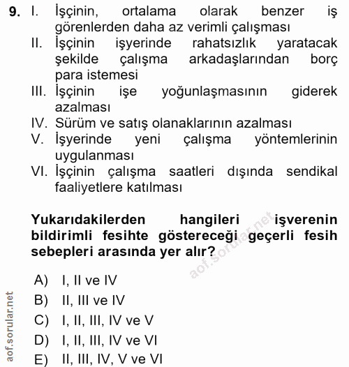9. soru: I. İşçinin, ortalama olarak benzer iş görenlerden daha az verimli çalışması Il. İşçinin işyerinde rahatsızlık yaratac…
