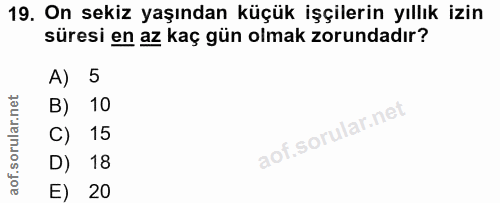 19. soru: On sekiz yaşından küçük işçilerin yıllık izin süresi en az kaç gün olmak zorundadır? A) 5 B) 10 C) 15 D) 18 E) 20