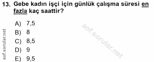 13. soru: Gebe kadın işçi için günlük çalışma süresi en fazla kaç saattir? A) 7,5 B) 8 C) 8,5 D) 9 E) 9,5