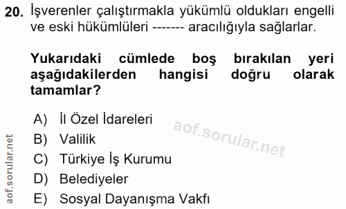 20. soru: İşverenler çalıştırmakla yükümlü oldukları engelli ve eski hükümlüleri ---- aracılığıyla sağlarlar. Yukarıdaki cümled…