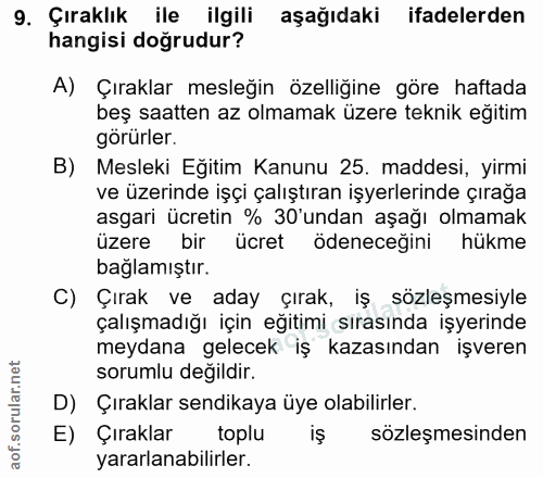 9. soru: Çıraklık ile ilgili aşağıdaki ifadelerden hangisi doğrudur? A) Çıraklar mesleğin özelliğine göre haftada beş saatten…
