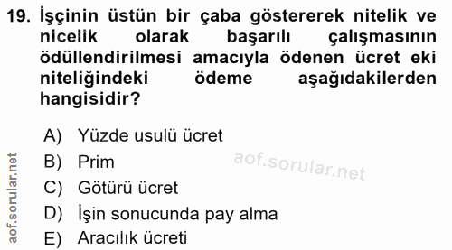 19. soru: İşçinin üstün bir çaba göstererek nitelik ve nicelik olarak başarılı çalışmasının ödüllendirilmesi amacıyla ödenen üc…