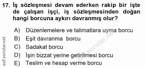 17. soru: İş sözleşmesi devam ederken rakip bir işte de çalışan işçi, iş sözleşmesinden doğan hangi borcuna aykırı davranmış ol…