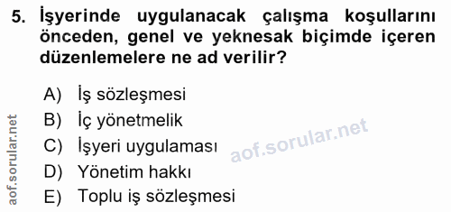 5. soru: İşyerinde uygulanacak çalışma koşullarını önceden, genel ve yeknesak biçimde içeren düzenlemelere ne ad verilir? A) I…