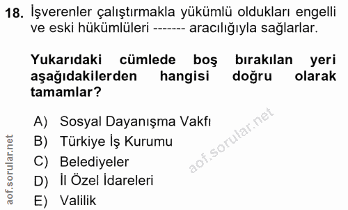 18. soru: İşverenler çalıştırmakla yükümlü oldukları engelli ve eski hükümlüleri ----- aracılığıyla saglarlar. Yukarıdaki cümle…