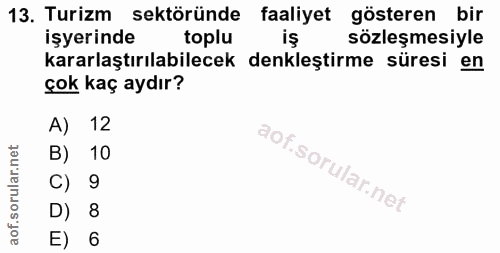 13. soru: Turizm sektöründe faaliyet gösteren bir işyerinde toplu is sözleşmesiyle kararlaştırılabilecek denkleştirme süresi en…