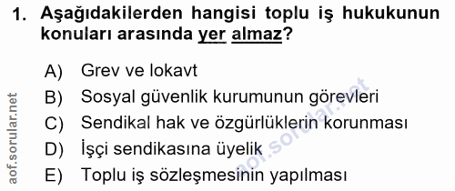 1. soru: Aşağıdakilerden hangisi toplu iş hukukunun konuları arasında yer almaz? A) Grev ve lokavt B) Sosyal güvenlik kurumunu…