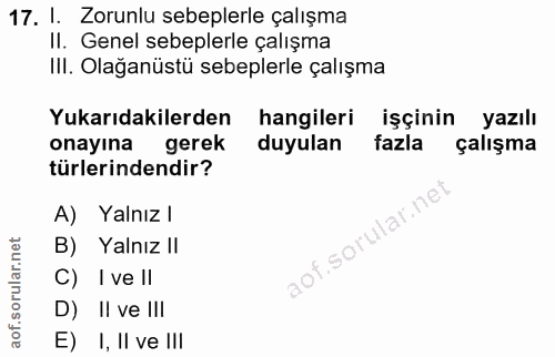 17. soru: I. Zorunlu sebeplerle çalışma II. Genel sebeplerle çalışma IlI. Olağanüstü sebeplerle çalışma Yukarıdakilerden hangil…