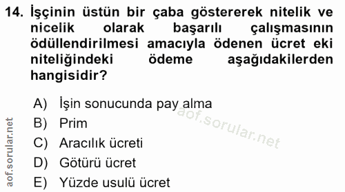 14. soru: İşçinin üstün bir çaba göstererek nitelik ve nicelik olarak başarılı çalışmasının ödüllendirilmesi amacıyla ödenen üc…