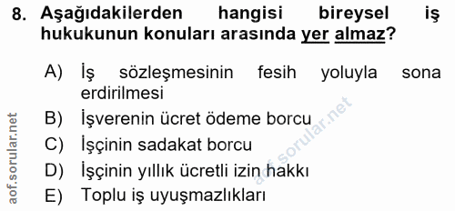 8. soru: Aşağıdakilerden hangisi bireysel hukukunun konuları arasında yer almaz? A) İş sözleşmesinin fesih yoluyla sona erdiri…