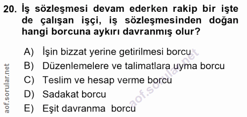 20. soru: İş sözleşmesi devam ederken rakip bir işte de çalışan işçi, iş sözleşmesinden doğan hangi borcuna aykırı davranmış ol…