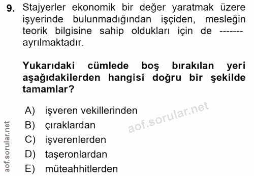 9. soru: Stajyerler ekonomik bir değer yaratmak üzere işyerinde bulunmadığından işçiden, mesleğin teorik bilgisine sahip olduk…