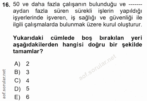 16. soru: 50 ve daha fazla çalışanın bulunduğu ve -- aydan fazla süren sürekli işlerin yapıldığı işyerlerinde işveren, iş sağlı…
