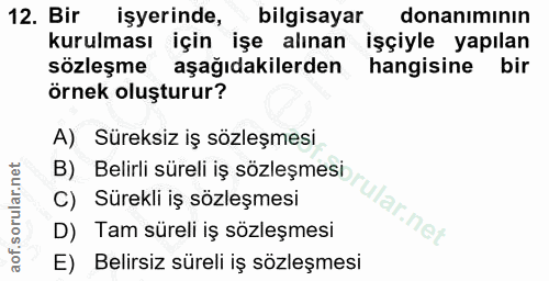 12. soru: Bir işyerinde, bilgisayar donanımının kurulması için işe alınan işçiyle yapılan sözleşme aşağıdakilerden hangisine bi…