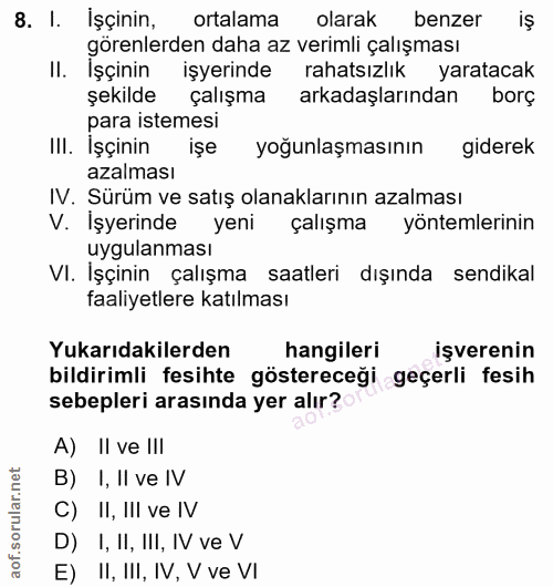 8. soru: I. İşçinin, ortalama olarak benzer iş görenlerden daha az verimli çalışması II. İşçinin işyerinde rahatsızlık yaratac…