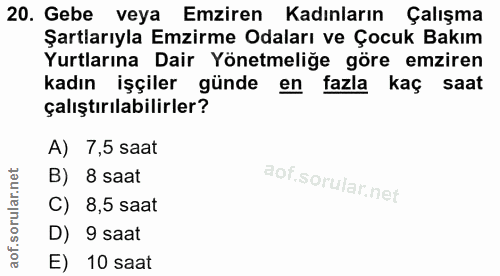 20. soru: Gebe veya Emziren Kadınların Çalışma Şartlarıyla Emzirme Odaları ve Çocuk Bakım Yurtlarına Dair Yönetmeliğe göre emzi…