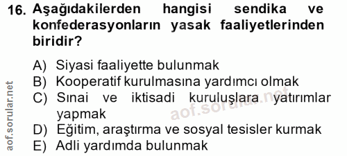 16. soru: Aşağıdakilerden hangisi sendika ve konfederasyonların yasak faaliyetlerinden biridir? A) Siyasi faaliyette bulunmak B…