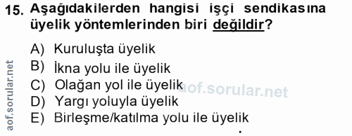15. soru: Aşağıdakilerden hangisi işçi sendikasına üyelik yöntemlerinden biri değildir? A) Kuruluşta üyelik B) İkna yolu ile üy…