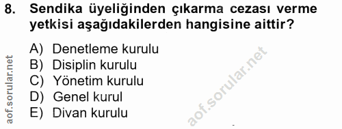 8. soru: Sendika üyeliğinden çıkarma cezası verme yetkisi aşağıdakilerden hangisine aittir? A) Denetleme kurulu B) Disiplin ku…