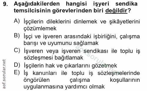 9. soru: Aşağıdakilerden hangisi işyeri sendika temsilcisinin görevlerinden biri değildir? A) İşçilerin dileklerini dinlemek v…