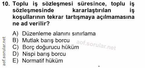 10. soru: Toplu iş sözleşmesi süresince, toplu iş sözleşmesinde kararlaştırılan koşullarının tekrar tartışmaya açılmamasına ne…