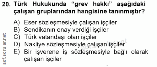 20. soru: Türk Hukukunda "grev hakkı" aşağıdaki çalışan gruplarından hangisine tanınmıştır? A) Eser sözleşmesiyle çalışan işçil…