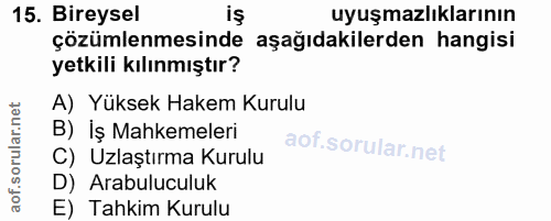 15. soru: Bireysel uyuşmazlıklarının çözümlenmesinde aşağıdakilerden hangisi yetkili kılınmıştır? A) Yüksek Hakem Kurulu B) İş…