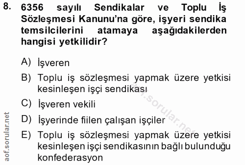 8. soru: 6356 sayılı Sendikalar ve Toplu Iş Sözleşmesi Kanunu'na göre, işyeri sendika temsilcilerini atamaya aşağıdakilerden h…