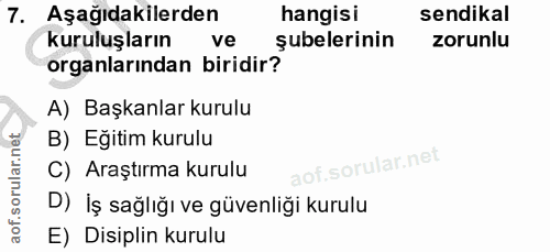 7. soru: Aşağıdakilerden hangisi sendikal kuruluşların ve şubelerinin zorunlu organlarından biridir? A) Başkanlar kurulu B) Eğ…