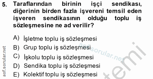 5. soru: Taraflarından birinin işçi sendikası, diğerinin birden fazla işvereni temsil eden işveren sendikasının olduğu toplu i…