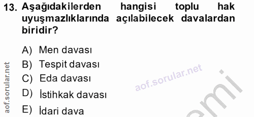 13. soru: Aşağıdakilerden hangisi toplu hak uyuşmazlıklarında açılabilecek davalardan biridir? A) Men davası B) Tespit davası C…