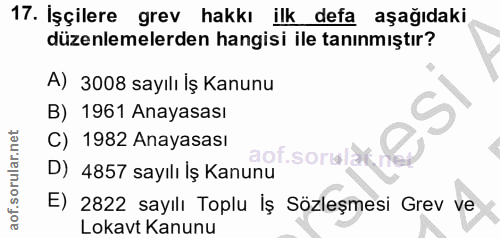 17. soru: İşçilere grev hakkı ilk defa aşağıdaki düzenlemelerden hangisi ile tanınmıştır? A) 3008 sayılı İş Kanunu B) 1961 Anay…