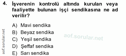 4. soru: Işverenin kontrolü altında kurulan veya faaliyette bulunan işçi sendikasına ne ad verilir? A) Mavi sendika B) Beyaz s…
