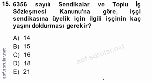 15. soru: 6356 sayılı Sendikalar ve Toplu Iş Sözleşmesi Kanunu'na göre, işçi sendikasına üyelik için ilgili işçinin kaç yaşını…