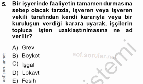 5. soru: Bir işyerinde faaliyetin tamamen durmasına sebep olacak tarzda, işveren veya işveren vekili tarafından kendi kararıyl…