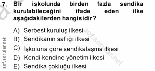 7. soru: Bir işkolunda birden fazla sendika kurulabileceğini ifade eden ilke aşağıdakilerden hangisidir? A) Serbest kuruluş il…