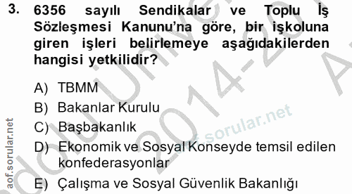 3. soru: 6356 sayılı Sendikalar ve Toplu iş Sözleşmesi Kanunu'na göre, bir işkoluna giren işleri belirlemeye aşağıdakilerden h…