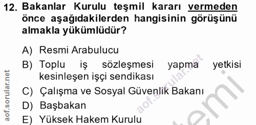 12. soru: Bakanlar Kurulu teşmil kararı vermeden önce aşağıdakilerden hangisinin görüşünü almakla yükümlüdür? A) Resmi Arabuluc…