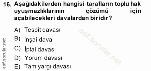 16. soru: Aşağıdakilerden hangisi tarafların toplu hak uyuşmazlıklarının çözümü için açabilecekleri davalardan biridir? A) Tesp…