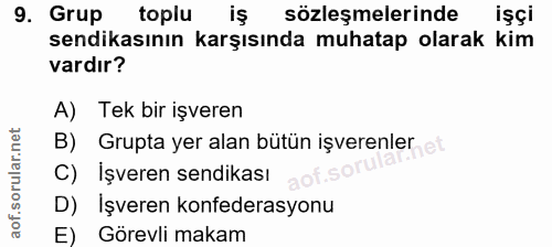 9. soru: Grup toplu iş sözleşmelerinde işçi sendikasının karşısında muhatap olarak kim vardır? A) Tek bir işveren B) Grupta ye…